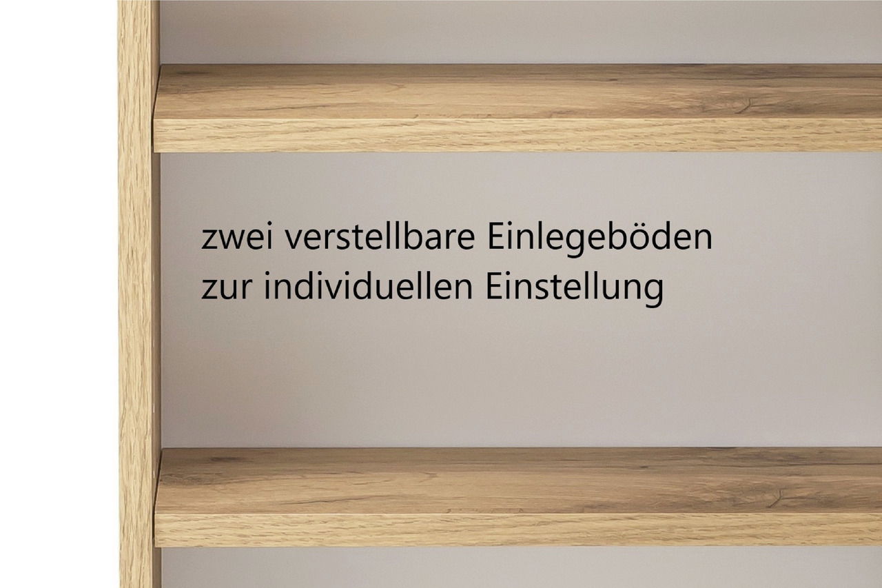 Nahaufnahme eines Hängeschranks mit zwei verstellbaren Einlegeböden aus Holz, seitliche Perspektive