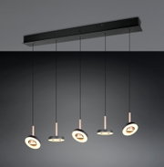 Moderne 5-flammige LED-Pendelleuchte mit schwarzer Deckenleiste, langen Kabeln und ringförmigen Leuchtenköpfen in Schwarz/Kupfer, warme Lichtfarbe; Ansicht leicht von unten (Untersicht)