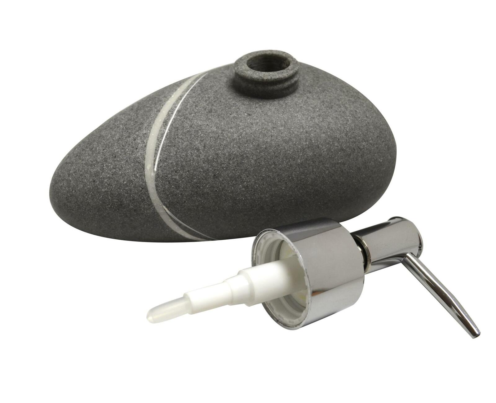 Grauer Seifenspender Little Rock in Steinoptik mit abgenommenem Pumpkopf, seitliche Perspektive