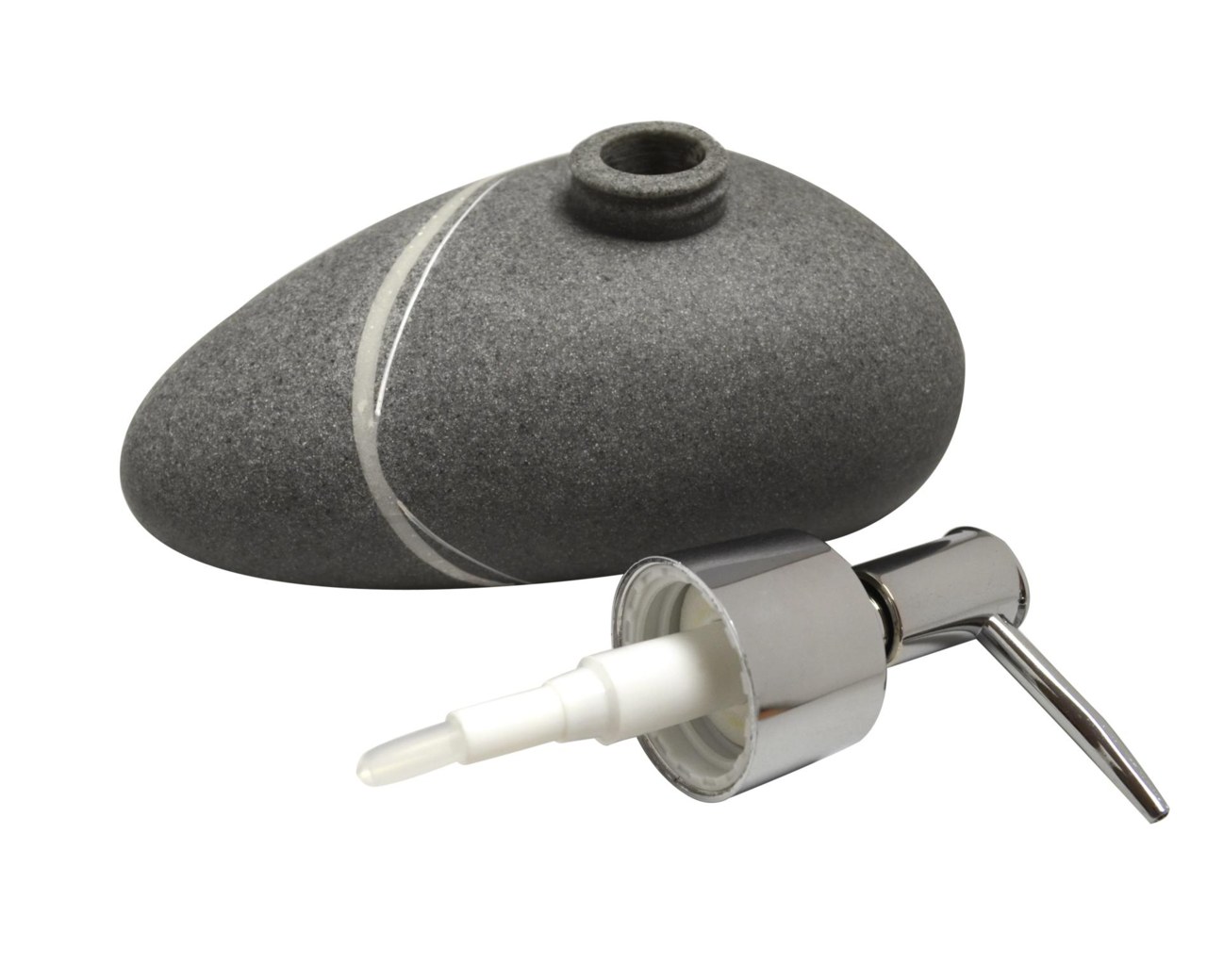 Grauer Seifenspender Little Rock in Steinoptik mit abgenommenem Pumpkopf, seitliche Perspektive