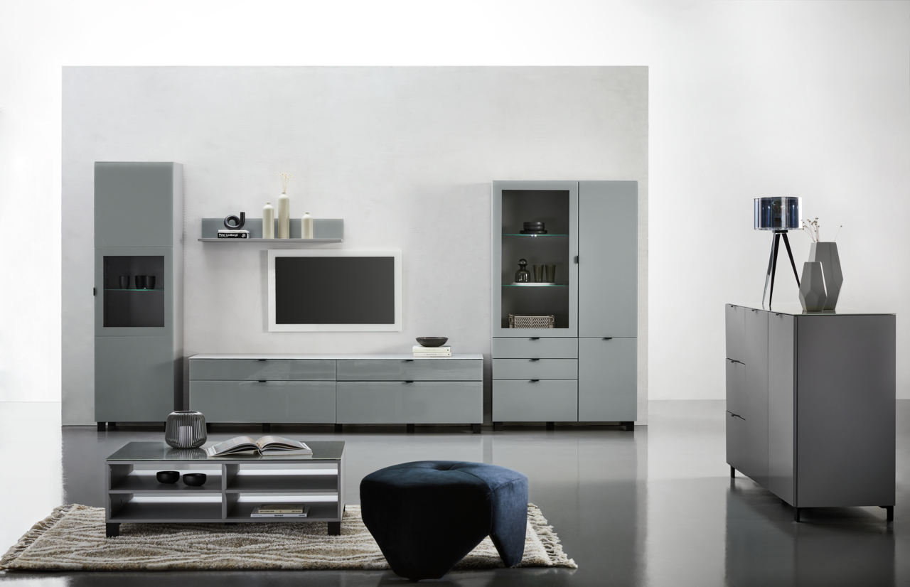 Moderne Wohnzimmermöbel in grauem Design, bestehend aus Vitrine, TV-Lowboard, Wandregal und Couchtisch, frontal betrachtet.
