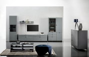 Moderne Wohnzimmermöbel in grauem Design, bestehend aus Vitrine, TV-Lowboard, Wandregal und Couchtisch, frontal betrachtet.