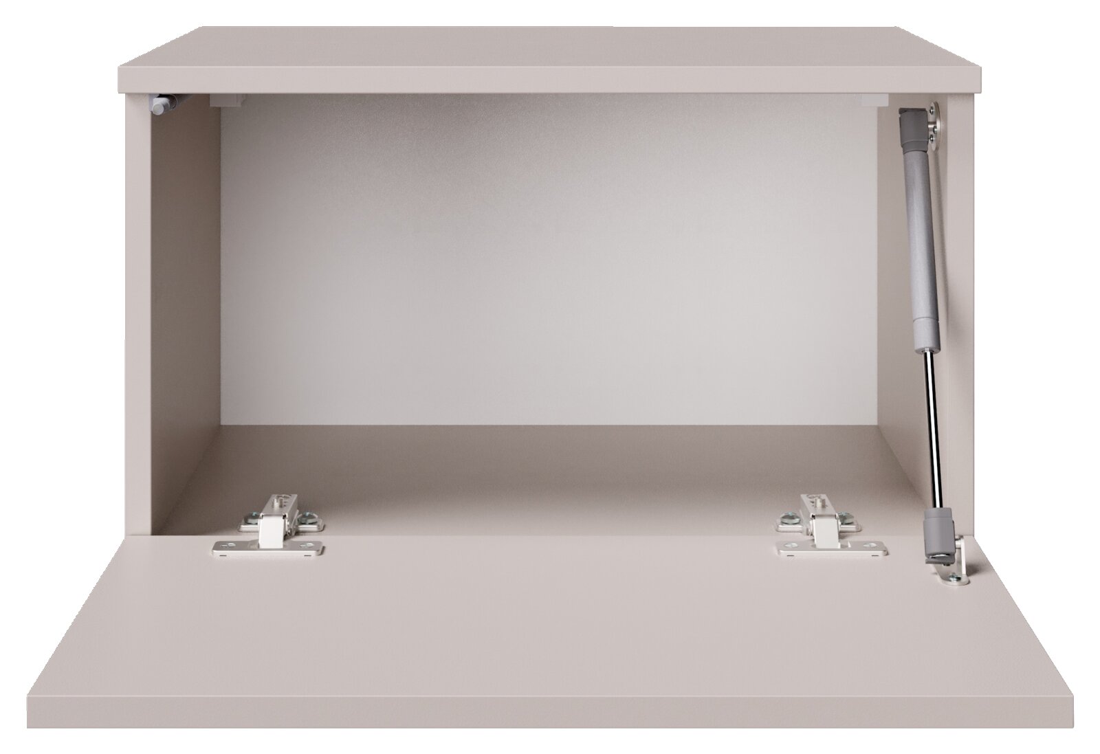 Offener, hellgrauer Klappschrank/Schrankfach mit heruntergeklappter Front, sichtbaren Scharnieren und Gasdruckdämpfer rechts, Frontansicht von leicht oben in den Innenraum