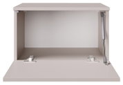 Offener, hellgrauer Klappschrank/Schrankfach mit heruntergeklappter Front, sichtbaren Scharnieren und Gasdruckdämpfer rechts, Frontansicht von leicht oben in den Innenraum