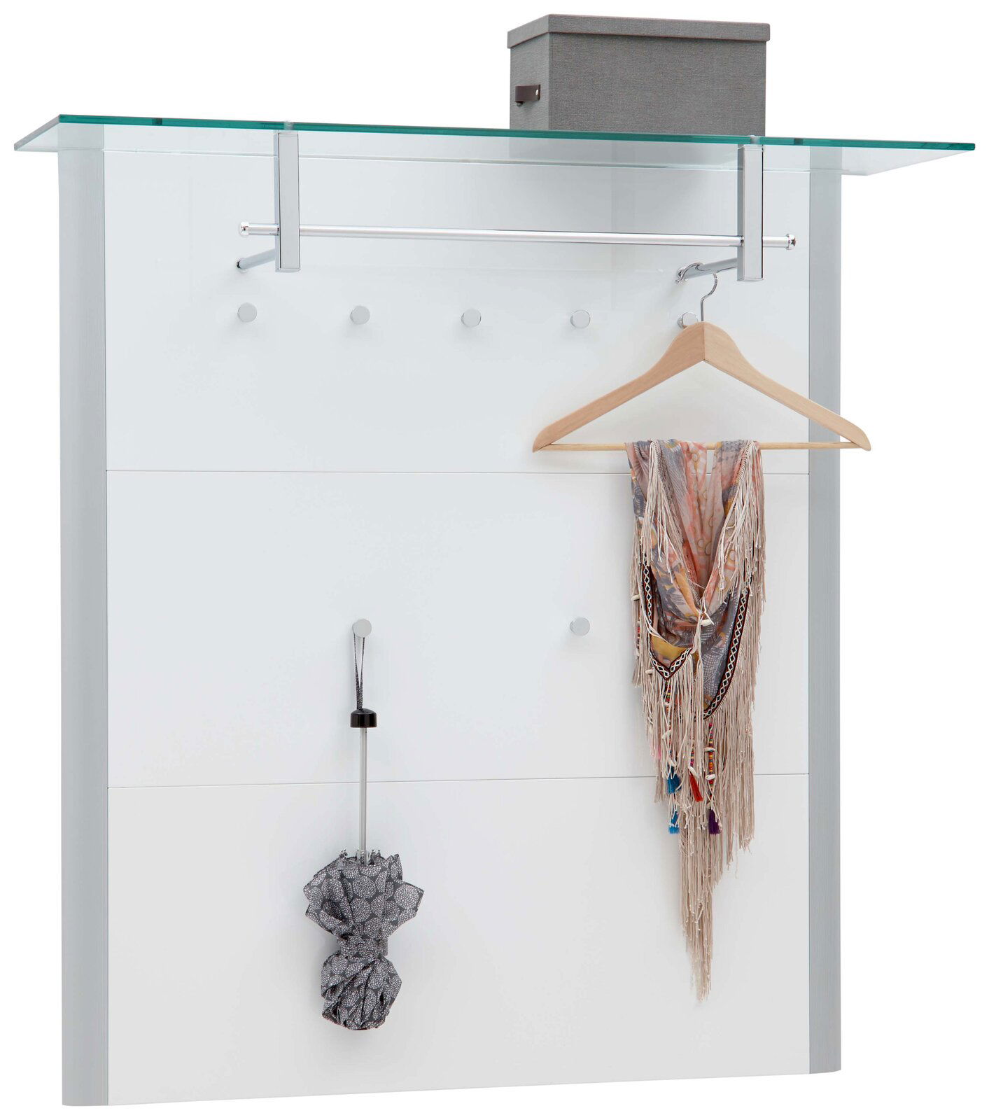 Dieter Knoll Garderobenpaneel CASTEL Modernes Garderobenpaneel mit Glasablage, Kleiderstange und Haken, frontal abgebildet.