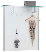 Modernes Garderobenpaneel mit Glasablage, Kleiderstange und Haken, frontal abgebildet.