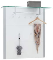 Modernes Garderobenpaneel mit Glasablage, Kleiderstange und Haken, frontal abgebildet.