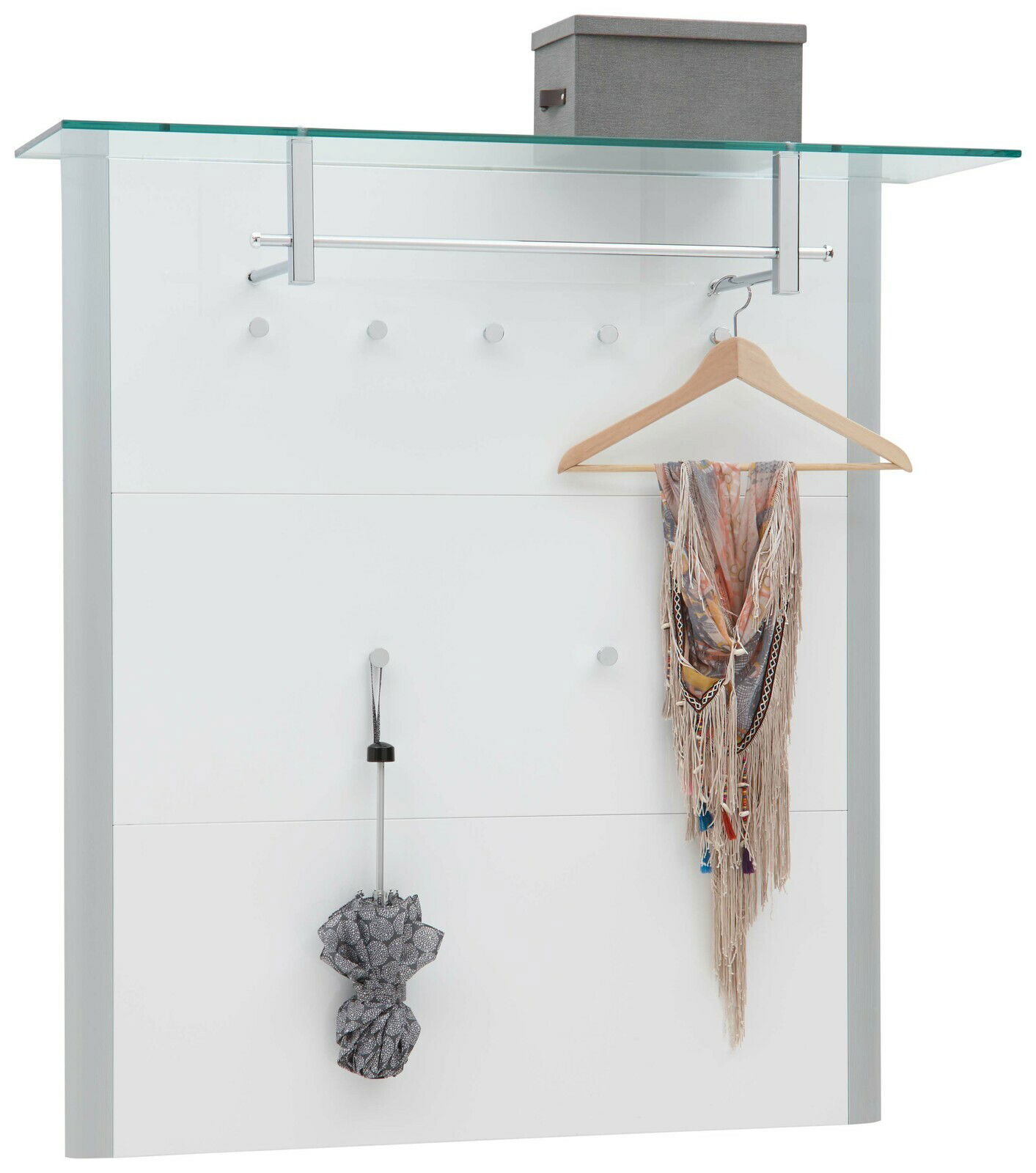 Modernes Garderobenpaneel mit Glasablage, Kleiderstange und Haken, frontal abgebildet.