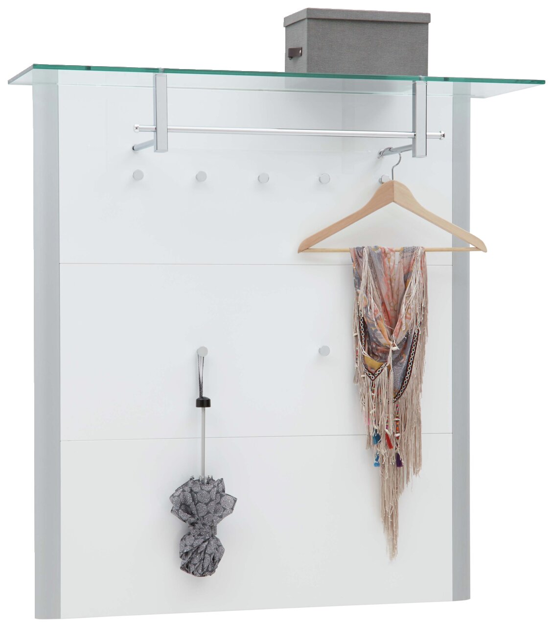 Modernes Garderobenpaneel mit Glasablage, Kleiderstange und Haken, frontal abgebildet.