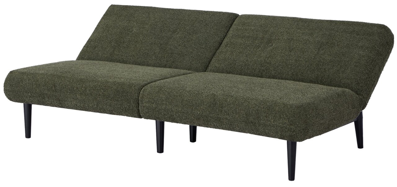 Grünes Funktionssofa mit schwarzem Gestell, seitliche Perspektive