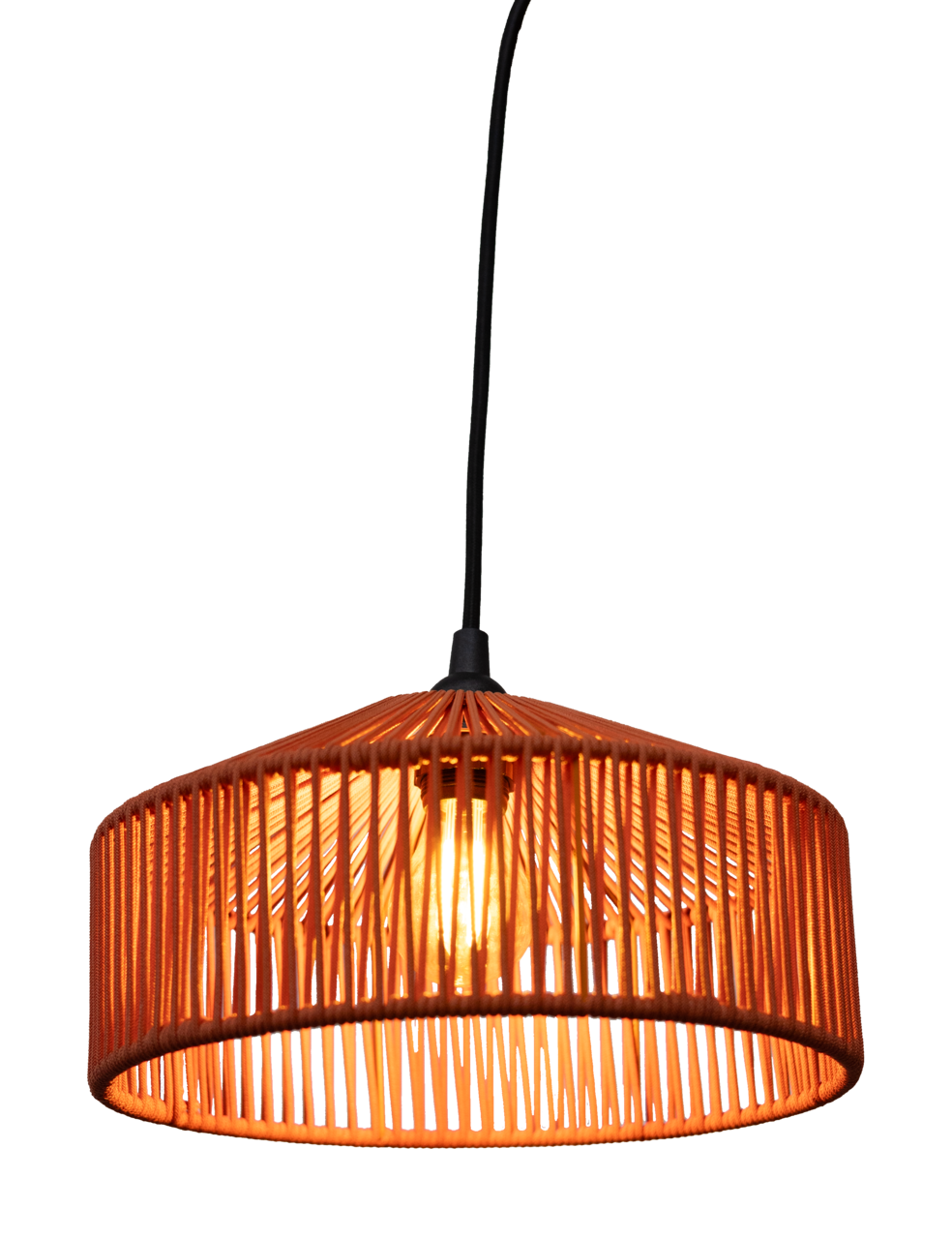 New Garden Outdoor-Hängeleuchte CALABARDINA Outdoor-Hängeleuchte mit orangefarbenem, geflochtenem Schirm, seitliche Perspektive