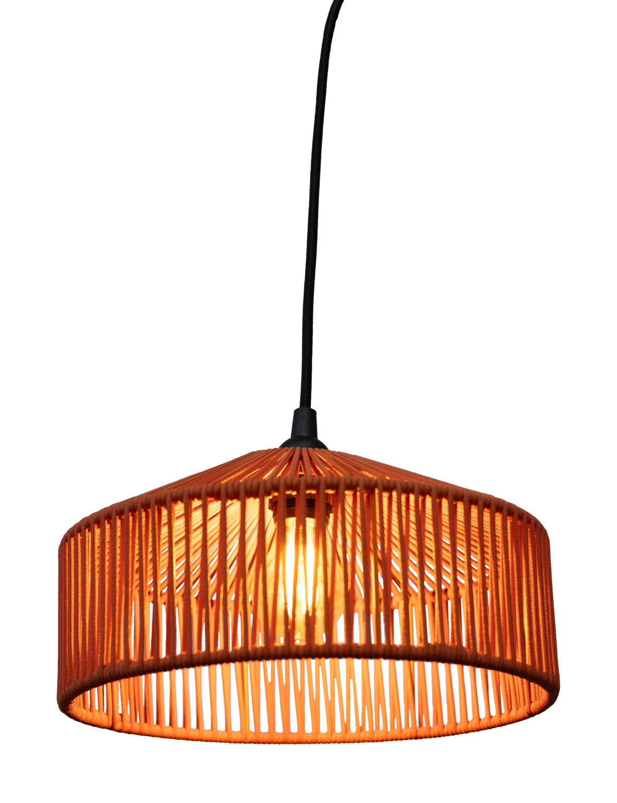 Outdoor-Hängeleuchte mit orangefarbenem, geflochtenem Schirm, seitliche Perspektive
