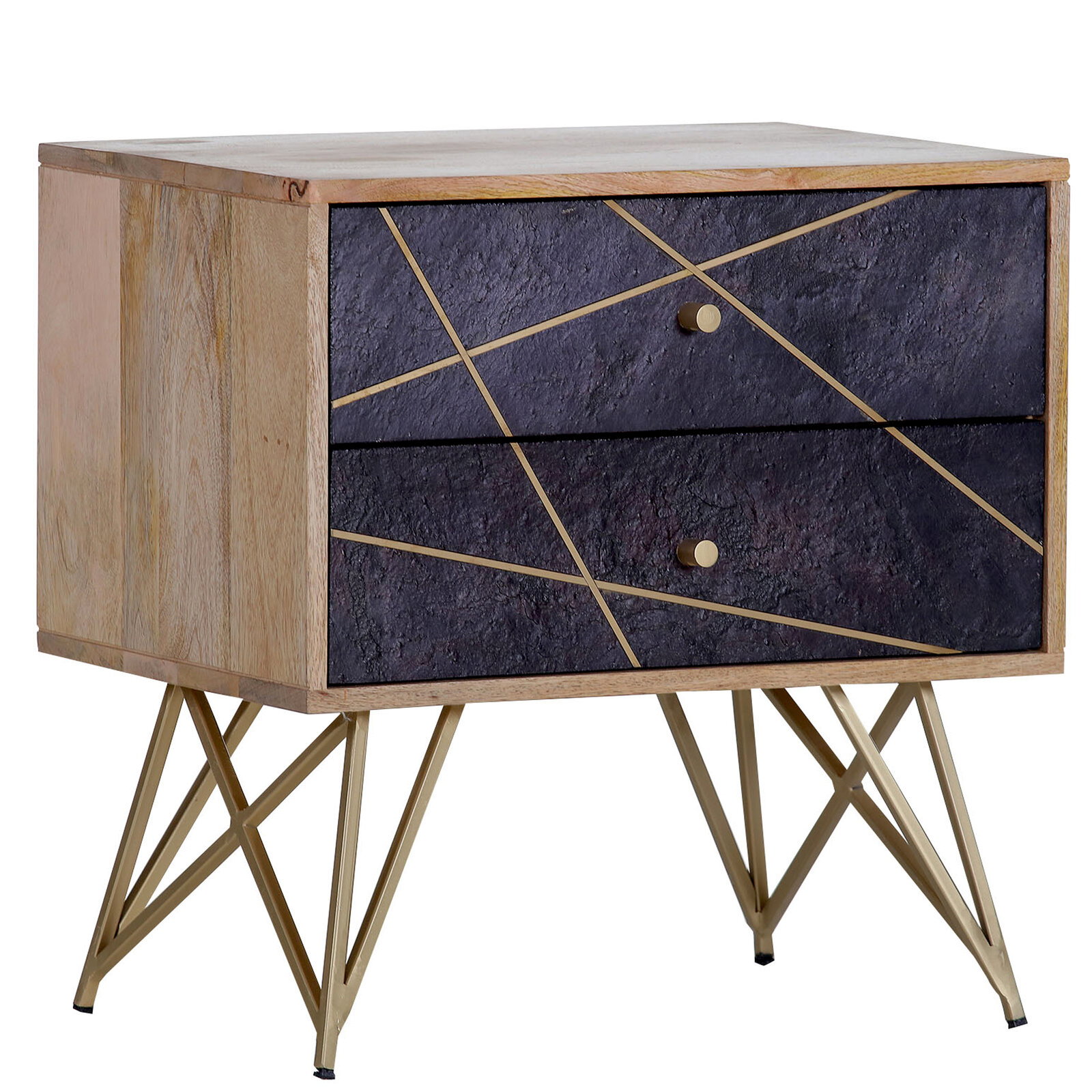 Nachtkommode mit zwei Schubladen, geometrischem Design auf der Vorderseite und goldenen Metallbeinen, seitliche Perspektive