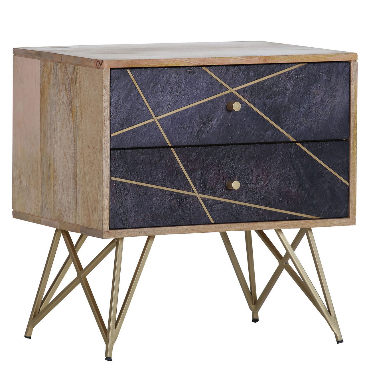 Nachtkommode mit zwei Schubladen, geometrischem Design auf der Vorderseite und goldenen Metallbeinen, seitliche Perspektive