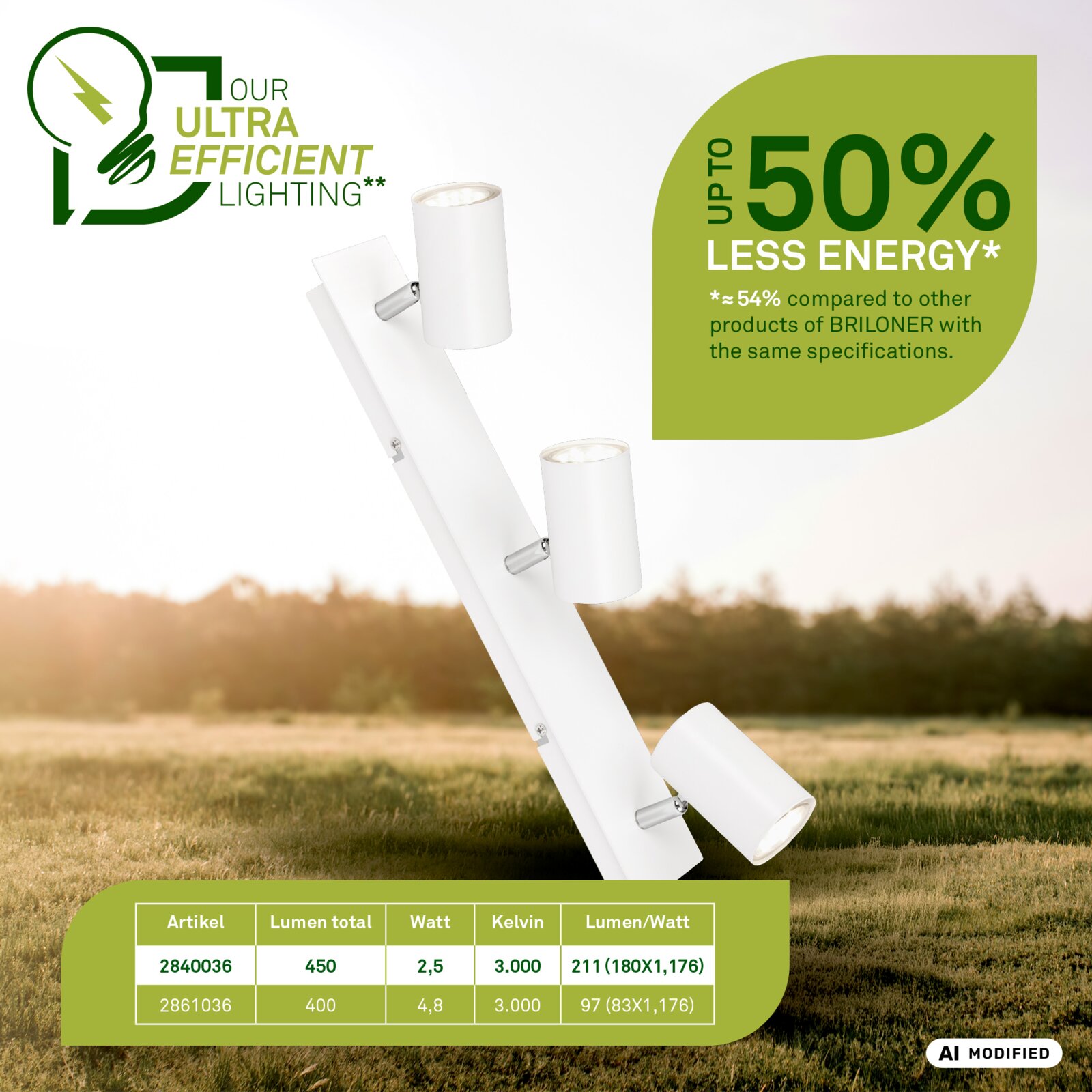Witte 3-lichts ledspot met verstelbare cilindervormige lampkoppen, schuin van voren weergegeven tegen een sfeervolle natuurlijke achtergrond; ultrazuinig met tot 50% minder energieverbruik.