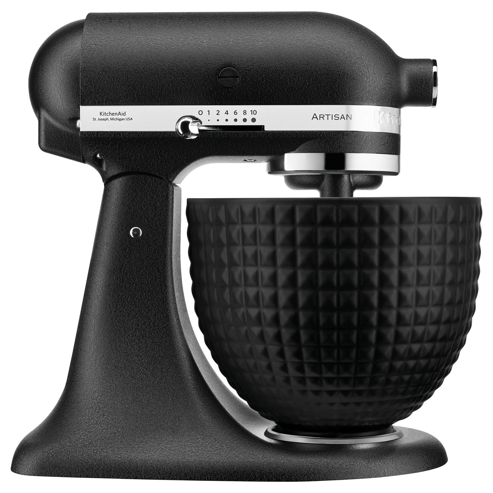 KitchenAid Keukenmachine 4,7 l Monochrome 5KSM156CXEBK ARTISAN Schwarze Küchenmaschine 4.7L ARTISAN mit strukturierter Schüssel, seitliche Perspektive
