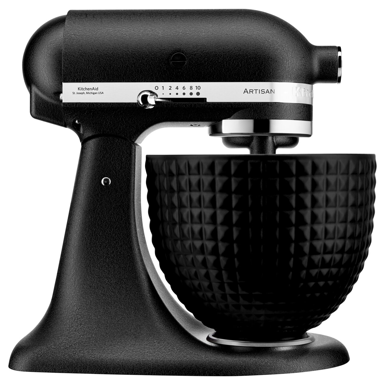 KitchenAid Küchenmaschine 4.7L Monochrome 5KSM156CXEBK ARTISAN Schwarze Küchenmaschine 4.7L ARTISAN mit strukturierter Schüssel, seitliche Perspektive