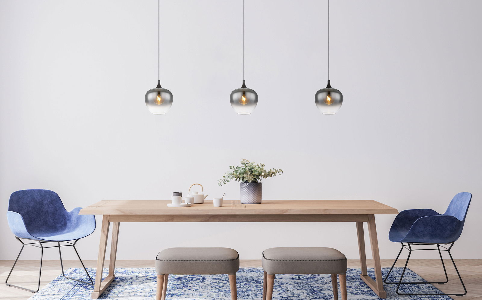 Globo Lighting Hängeleuchte MAXY Drei Hängeleuchten MAXY in einem modernen Esszimmer, frontal betrachtet.