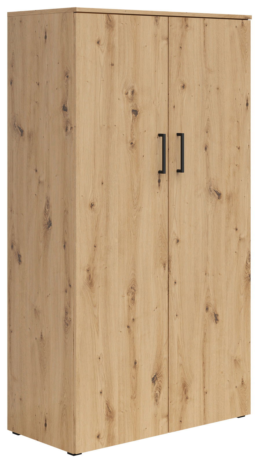 Carryhome Mehrzweckschrank MULTISTAURAUM Mehrzweckschrank aus Holz mit zwei Türen und schwarzen Griffen, seitliche Perspektive