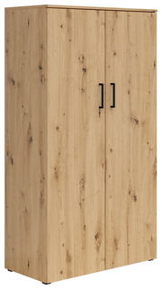 Mehrzweckschrank aus Holz mit zwei Türen und schwarzen Griffen, seitliche Perspektive