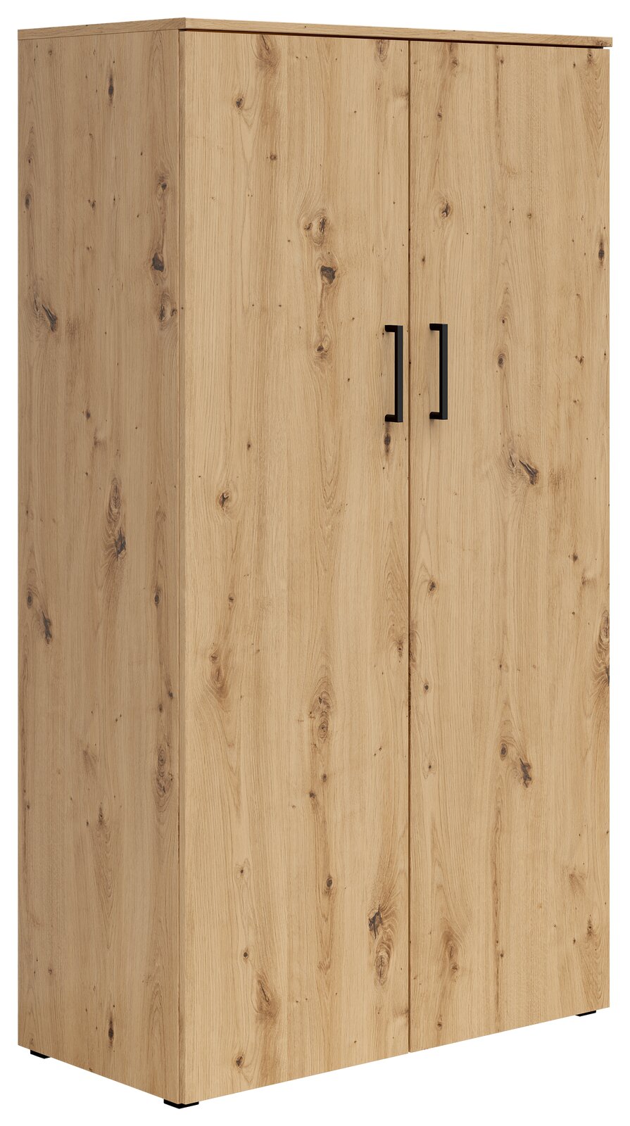Mehrzweckschrank aus Holz mit zwei Türen und schwarzen Griffen, seitliche Perspektive
