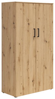 Mehrzweckschrank aus Holz mit zwei Türen und schwarzen Griffen, seitliche Perspektive