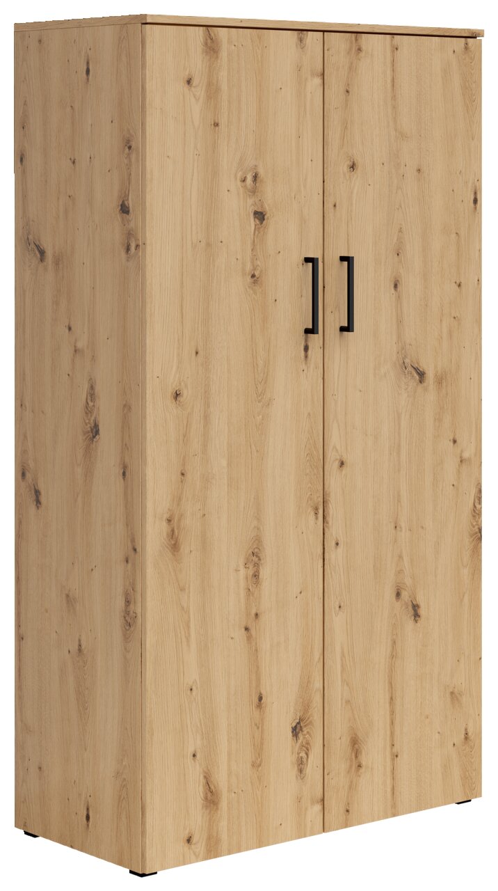Mehrzweckschrank aus Holz mit zwei Türen und schwarzen Griffen, seitliche Perspektive