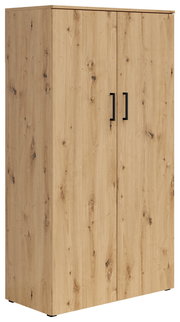 Mehrzweckschrank aus Holz mit zwei Türen und schwarzen Griffen, seitliche Perspektive