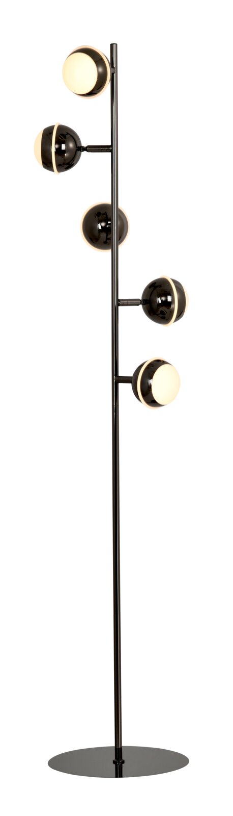 Vooraanzicht van een moderne zwarte vloerlamp met slanke staander, ronde voet en vijf bolvormige lampenkappen met warmwit licht