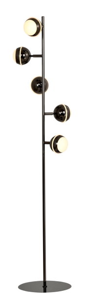 Vooraanzicht van een moderne zwarte vloerlamp met slanke staander, ronde voet en vijf bolvormige lampenkappen met warmwit licht