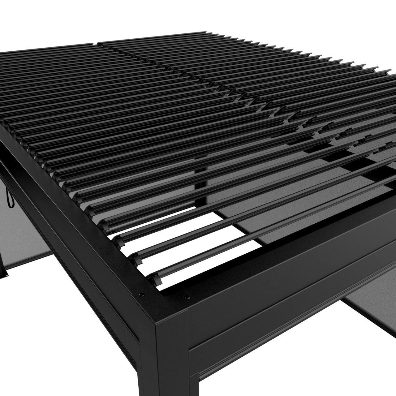 Nahaufnahme eines modernen Pavillons mit Lamellendach aus Metall, seitliche Perspektive