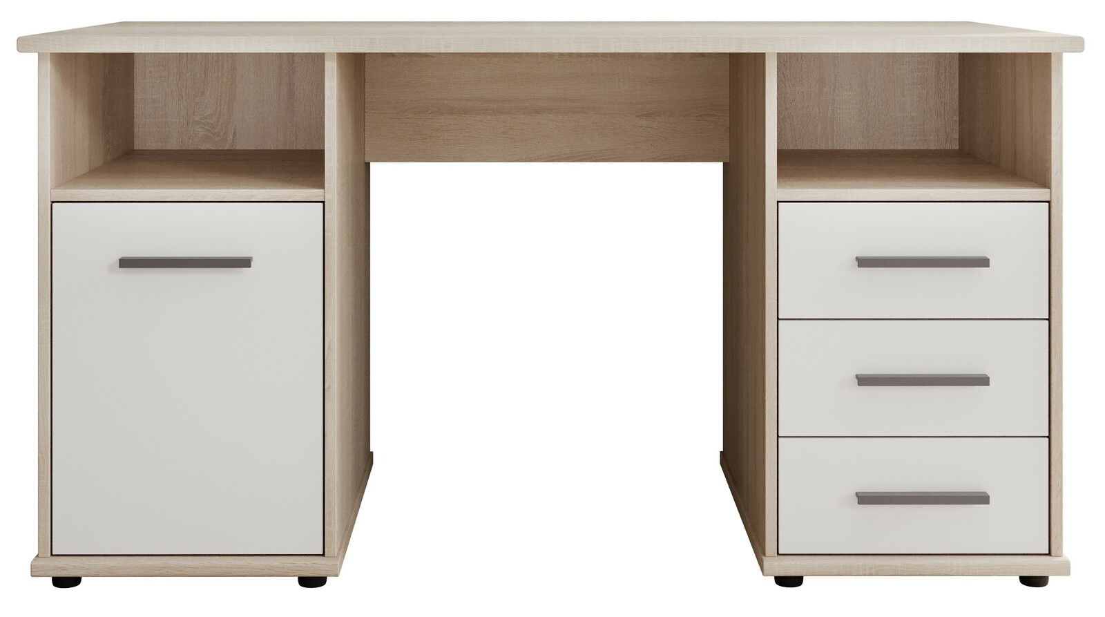 Moderner Schreibtisch mit Holzoptik, zwei offenen Fächern, einer Tür und drei Schubladen, Frontalansicht.