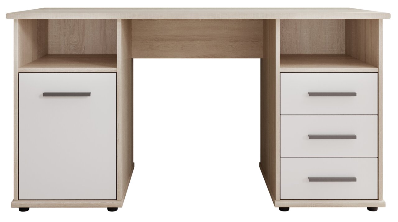 Moderner Schreibtisch mit Holzoptik, zwei offenen Fächern, einer Tür und drei Schubladen, Frontalansicht.