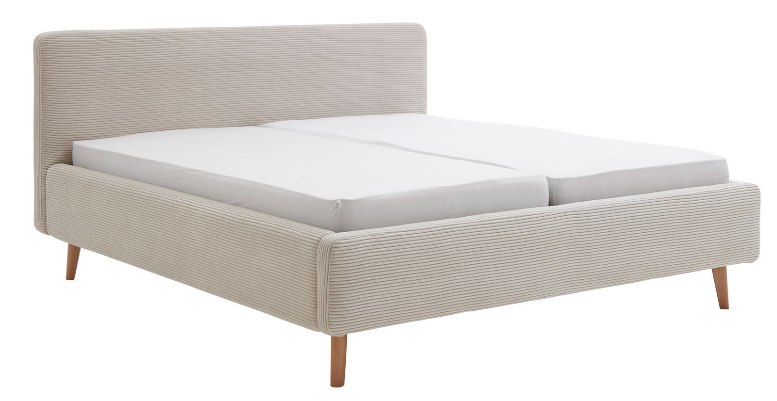 XORA Polsterbett MATTIS Beiges Polsterbett mit gestreiftem Stoffbezug und Holzfüßen, seitliche Perspektive