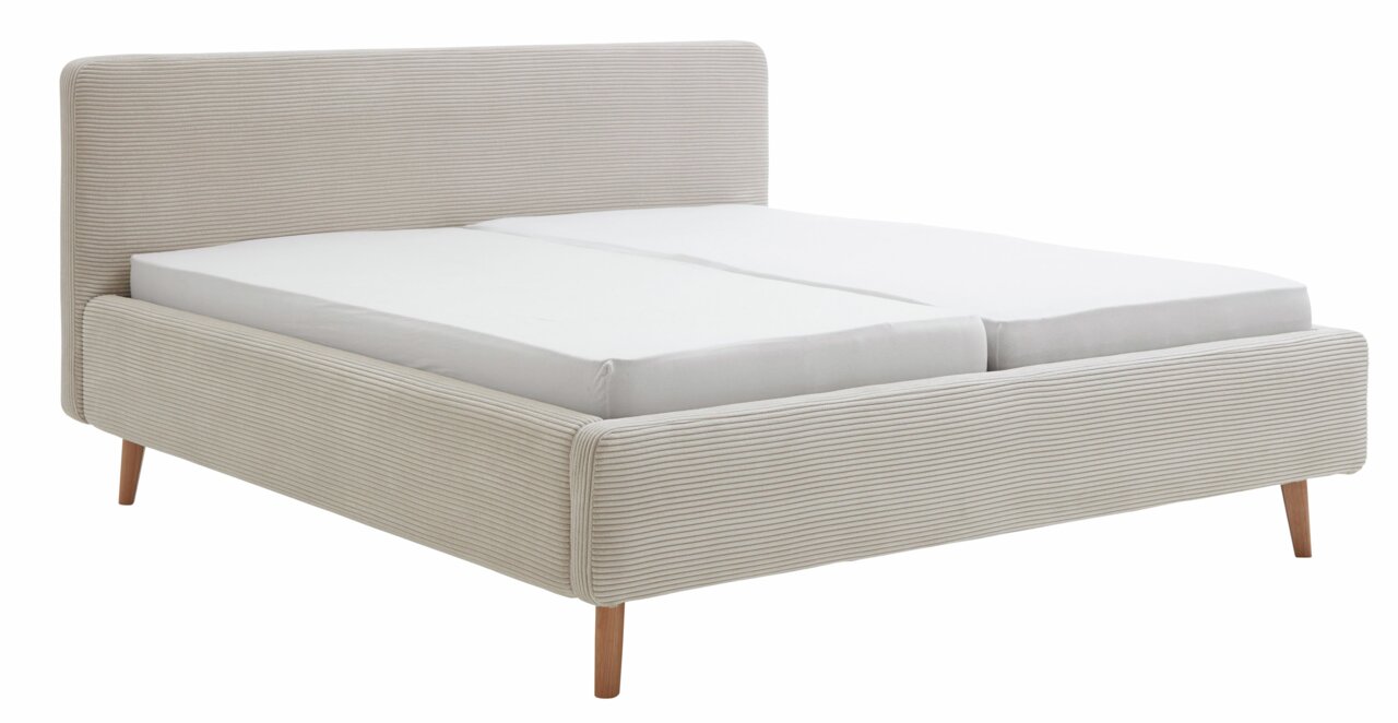 XORA Polsterbett MATTIS Beiges Polsterbett mit gestreiftem Stoffbezug und Holzfüßen, seitliche Perspektive