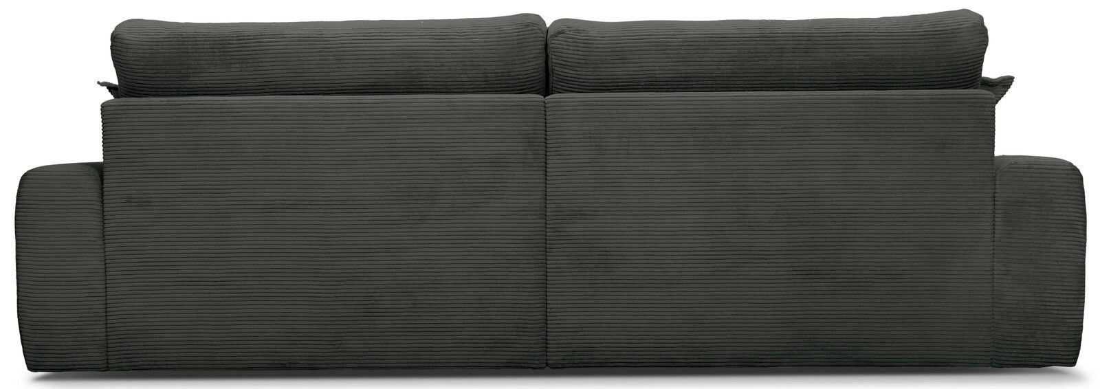Rückansicht eines großen, dunkelgrauen Sofas mit geripptem Stoffbezug.
