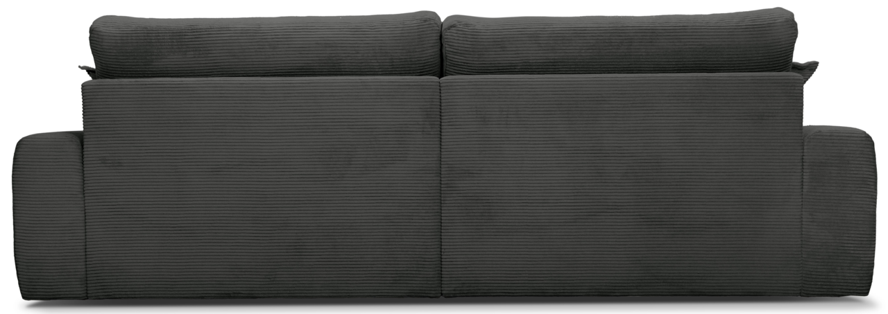 Rückansicht eines großen, dunkelgrauen Sofas mit geripptem Stoffbezug.