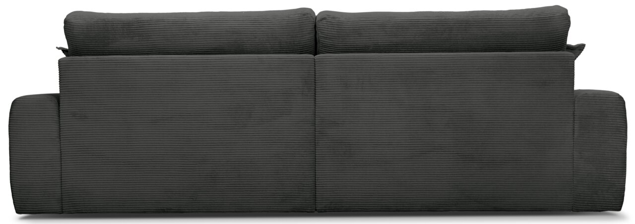 Rückansicht eines großen, dunkelgrauen Sofas mit geripptem Stoffbezug.