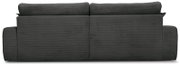 Rückansicht eines großen, dunkelgrauen Sofas mit geripptem Stoffbezug.