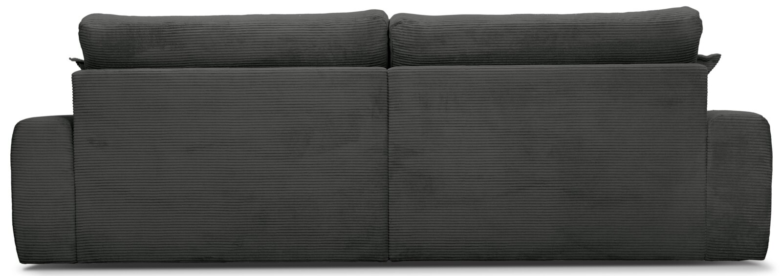 Achterkant van een grote, donkergrijze bank met geribbelde stoffen bekleding.