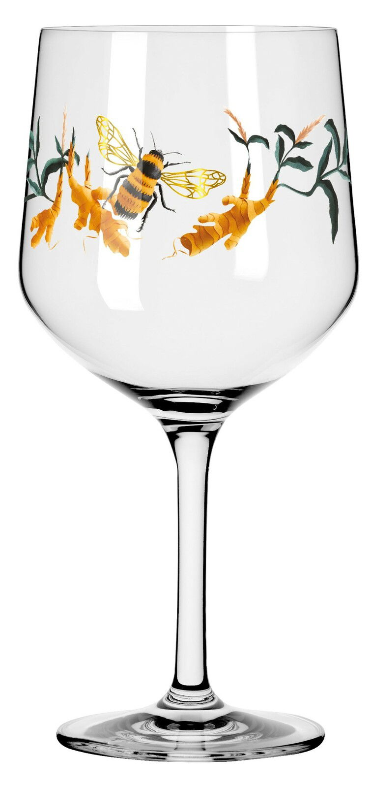 Ginglas mit Bienen- und Pflanzenmotiv, seitliche Perspektive