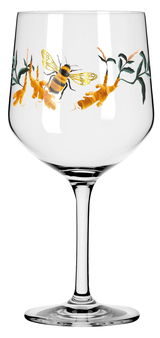 Ginglas mit Bienen- und Pflanzenmotiv, seitliche Perspektive