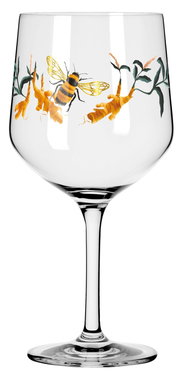 Ginglas mit Bienen- und Pflanzenmotiv, seitliche Perspektive