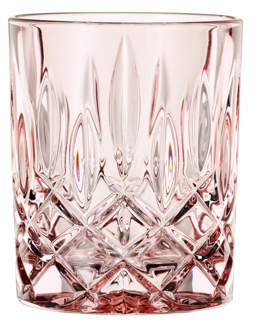 Rosa Whiskybecher mit facettiertem Design, seitliche Perspektive