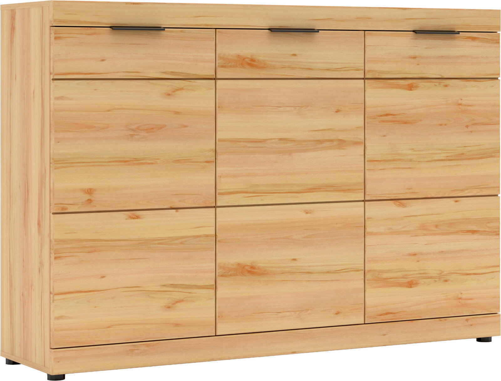 Helle Holz-Kommode mit drei Türen und schwarzen Griffleisten, in leichter Schrägansicht von vorn auf weißem Hintergrund