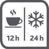 Symbolbild einer Isolierkanne mit einer Tasse und Schneeflocke, die 12 Stunden heiße und 24 Stunden kalte Getränke hält, frontal betrachtet.