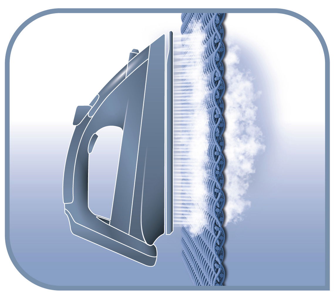 Illustration eines Dampfbügeleisens Virtuo in Seitenansicht, das Dampf durch ein Stoffgewebe bläst.