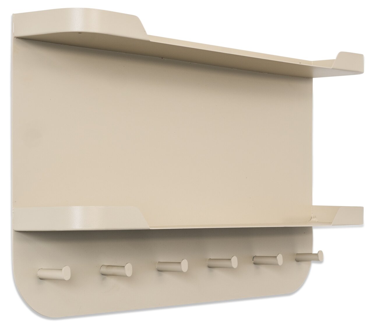 Beige Wandgarderobe mit fünf Haken und einem oberen Regal, seitliche Perspektive