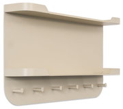 Beige Wandgarderobe mit fünf Haken und einem oberen Regal, seitliche Perspektive
