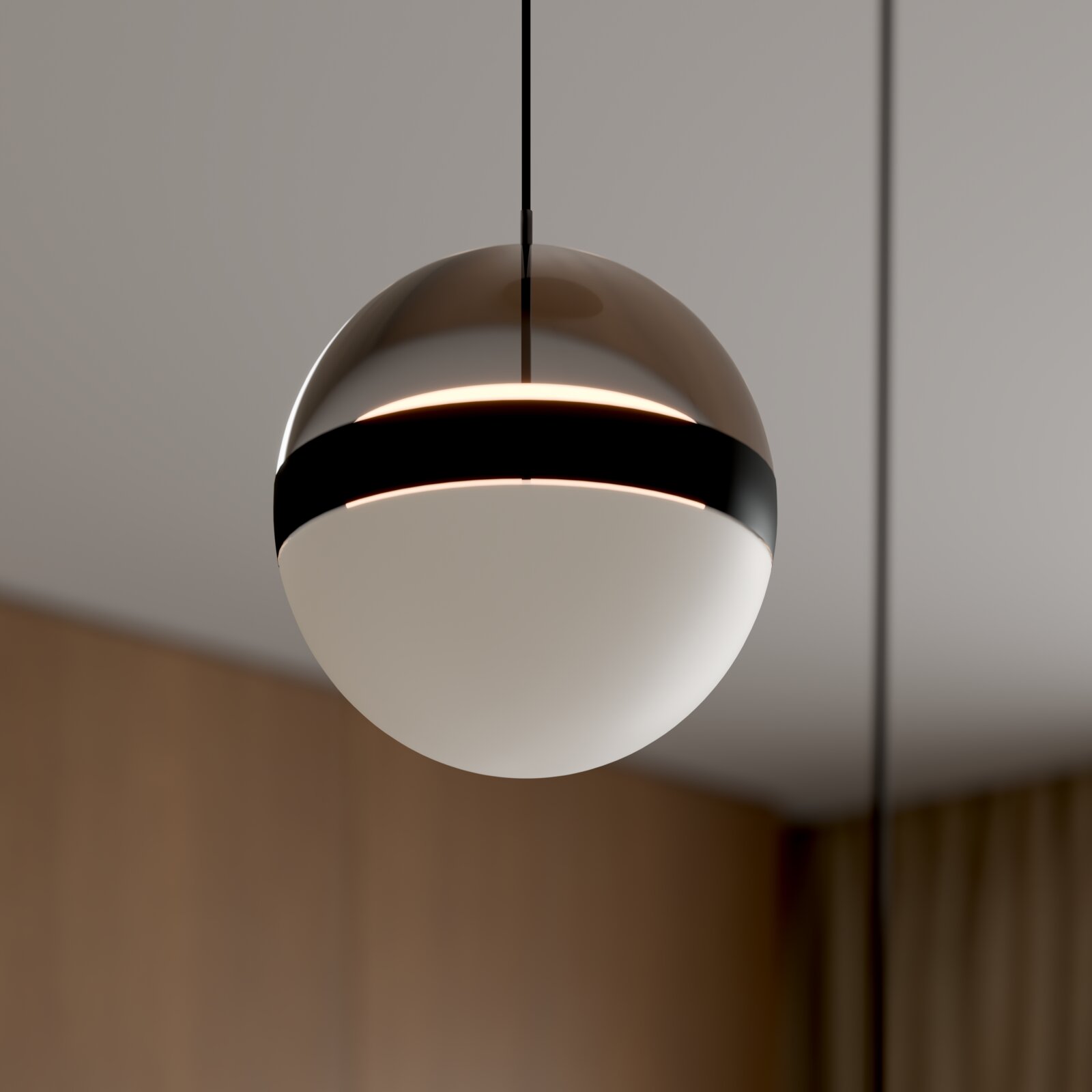 Moderne kugelförmige Pendelleuchte mit halbtransparentem braun getöntem Schirm, schwarzem Ring und weißem Diffusor, warm leuchtend, Nahaufnahme in leichter Untersicht